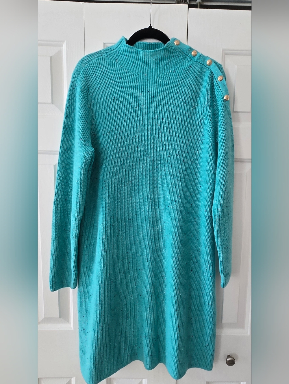 Teal Button-Shoulder Ribbed Sweater Dress